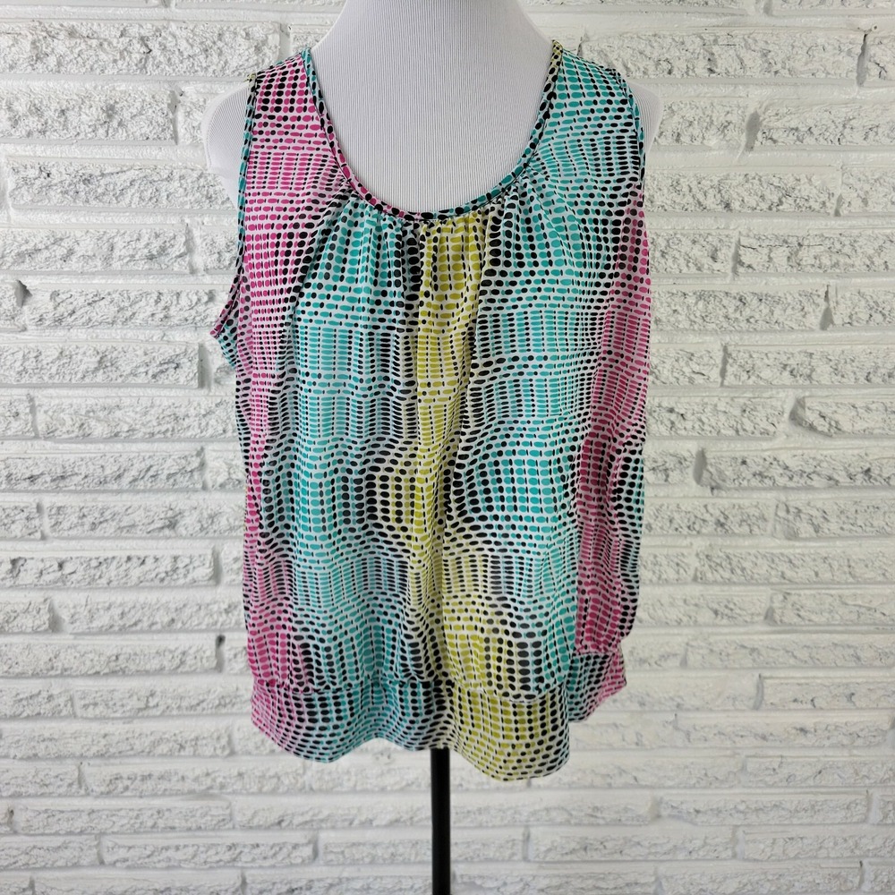 Worthington Women's 1X Plus Size Blue Circle Geometric Pleated Sleeveless Tank